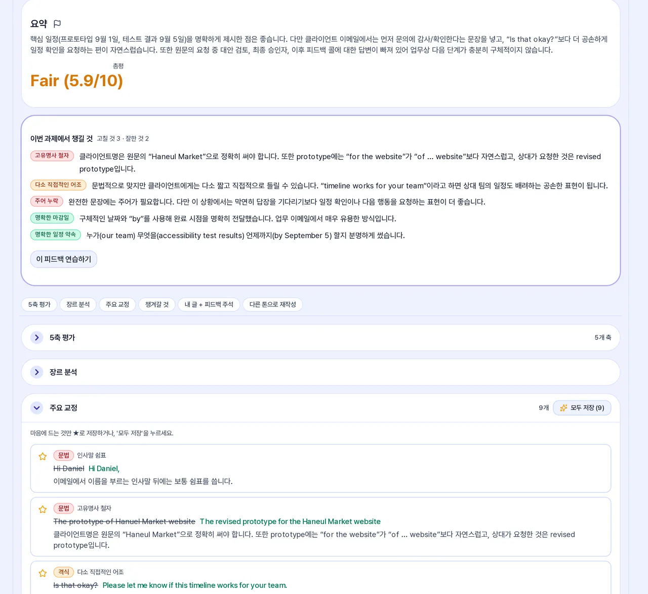 Writing feedback screen: a Korean summary, an overall Fair 5.9/10, and a list of sentence corrections